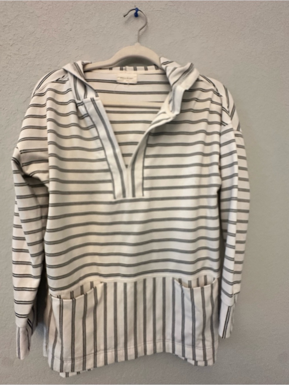 Mello Day Cream and Gray Striped Hooded Pullover Sweater